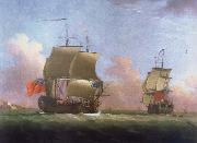 Monamy, Peter THe Ship rigged royal yacht Dublin in two positions oil on canvas